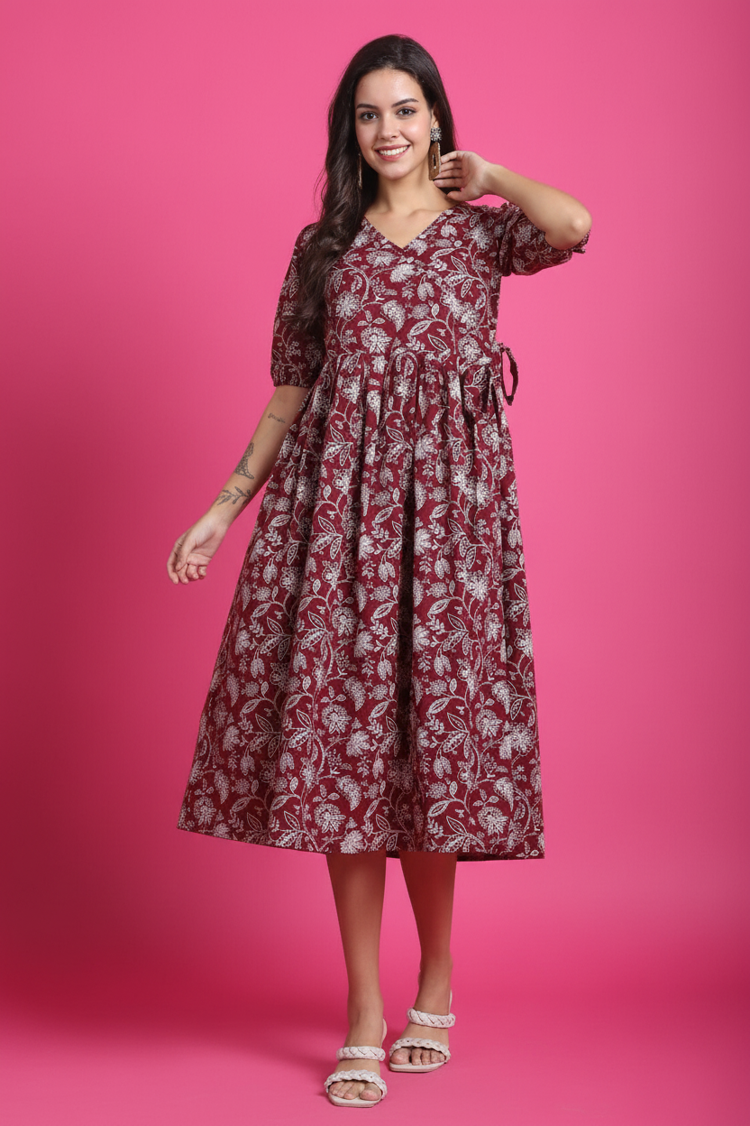 Maroon floral printed midi dress with side tie - front view