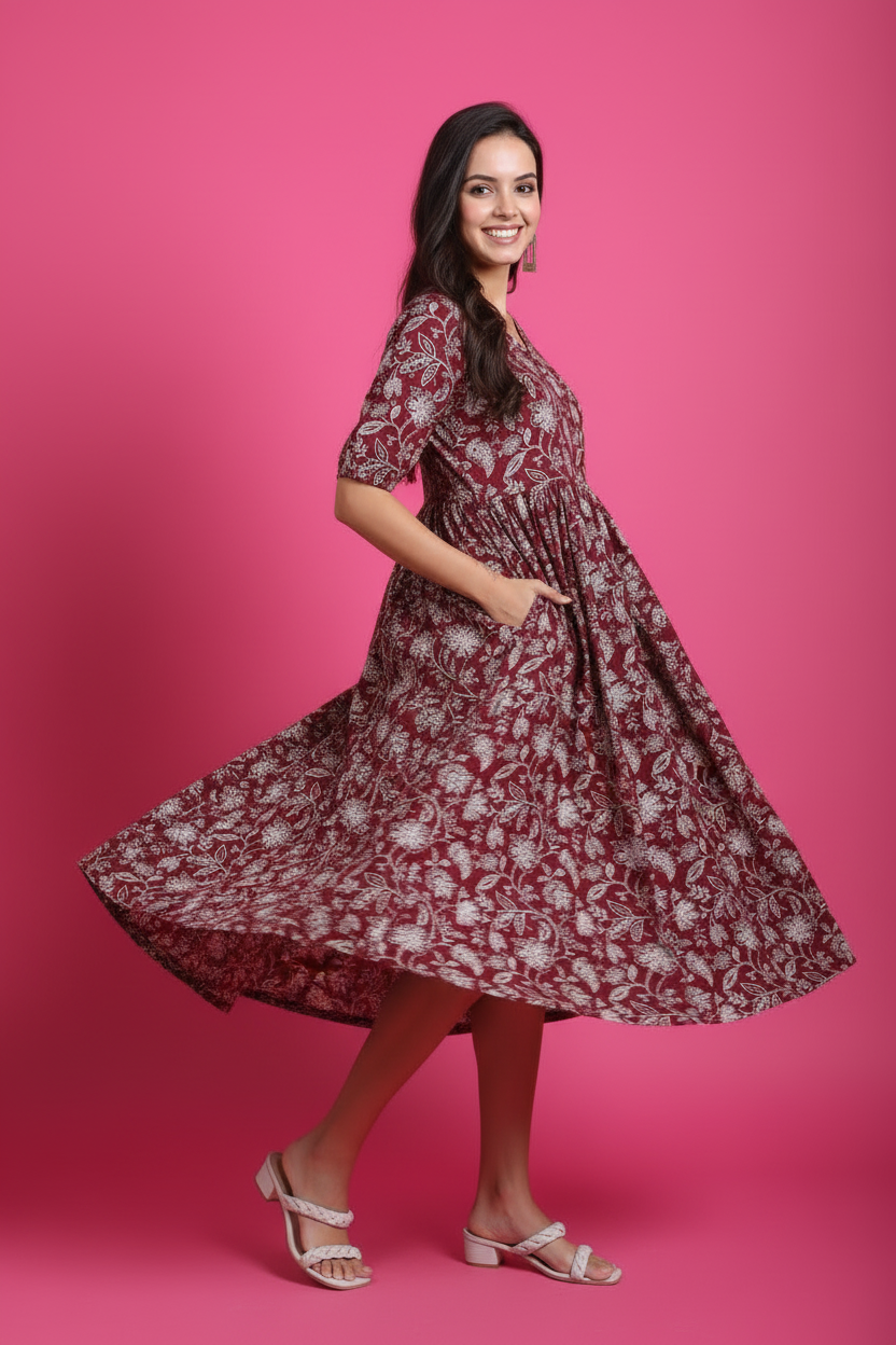 Maroon floral midi dress showing flare and movement - flowing skirt with side pockets
