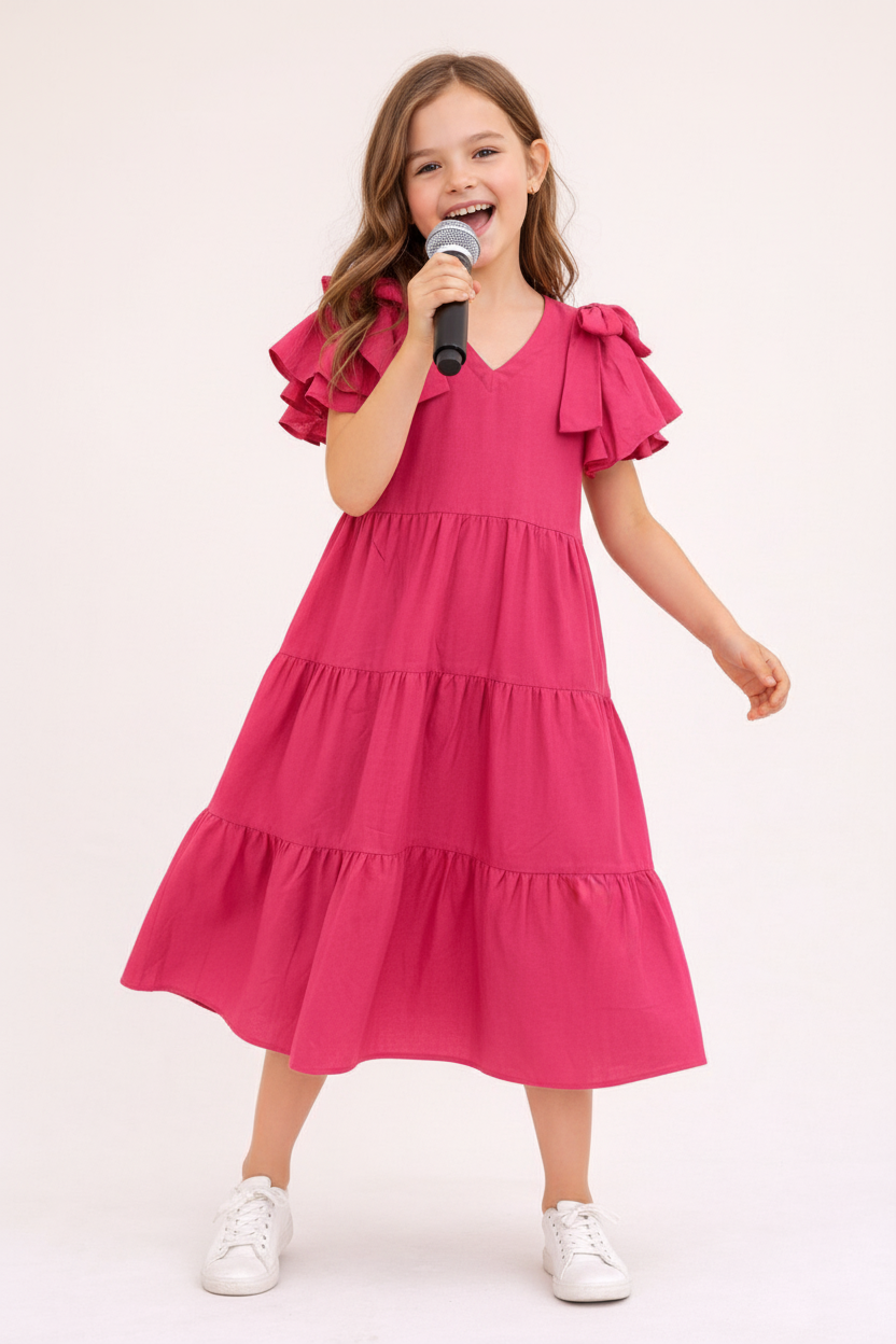 Girl singing in pink tiered dress - joyful expression showing confidence