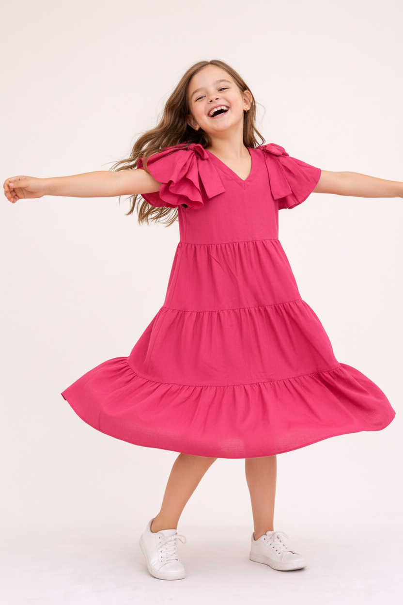 Girl playing in pink tiered midi dress - showing movement and fun