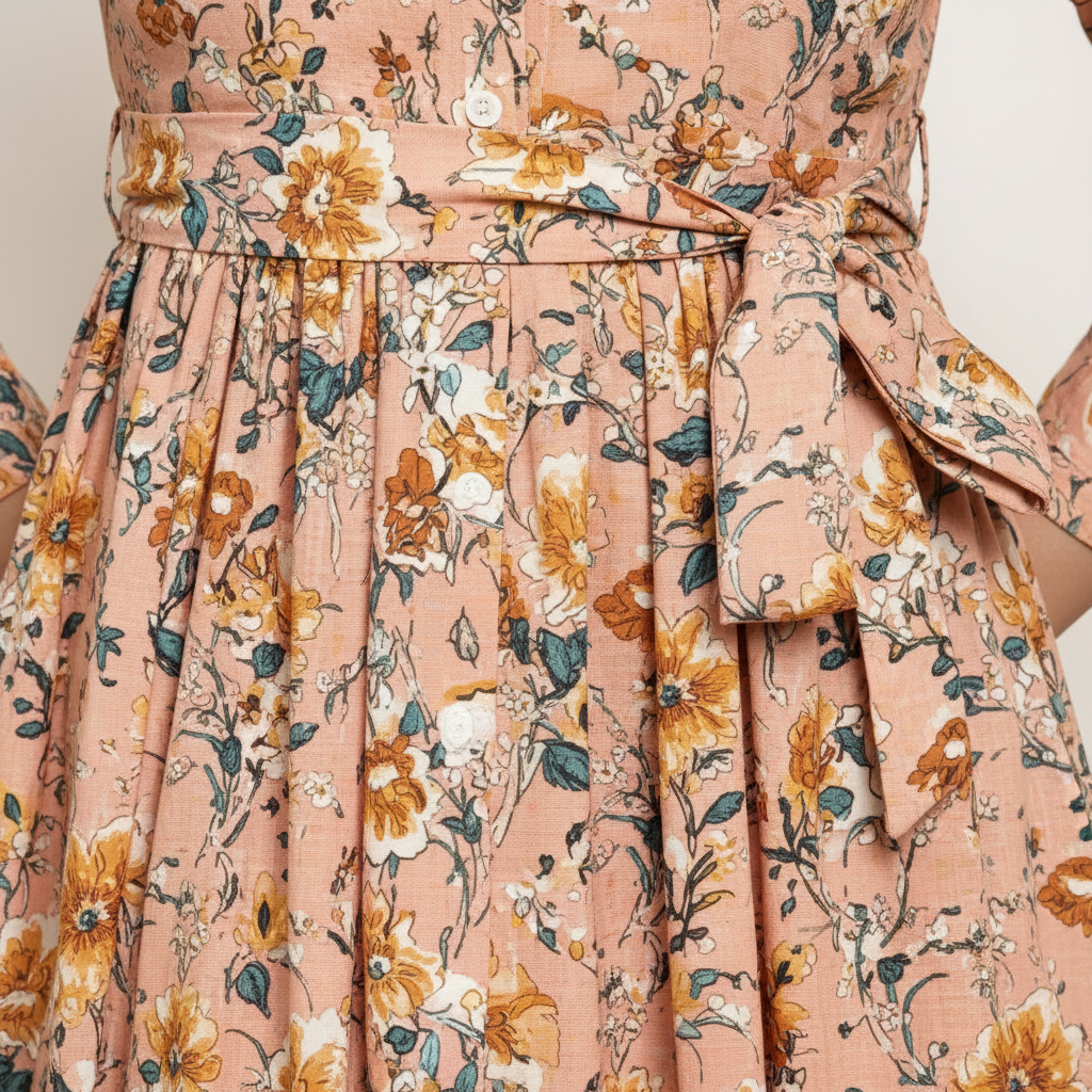 Close-up detail of peach floral print and waist tie on midi dress