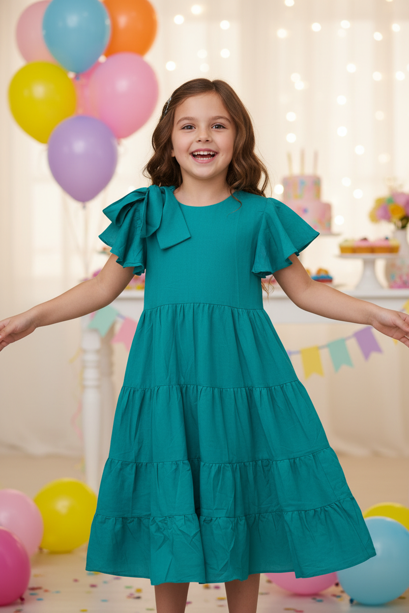 Girl at birthday party in teal tiered dress - celebration with balloons