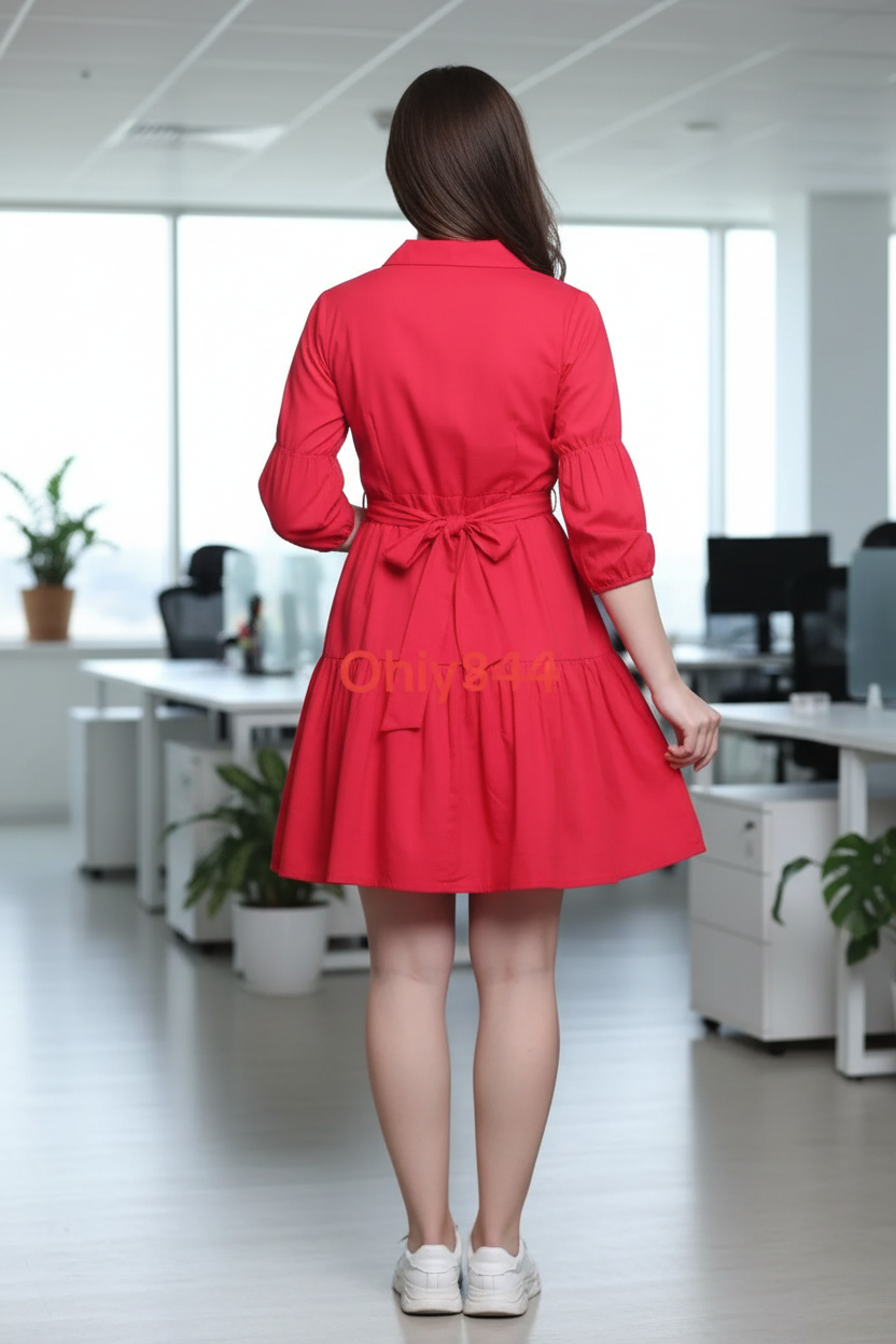 Red tiered dress back view showing collar and tie waist belt