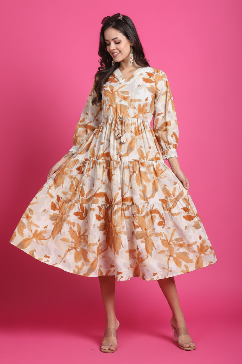 Model touching fabric of beige rust leaf print dress
