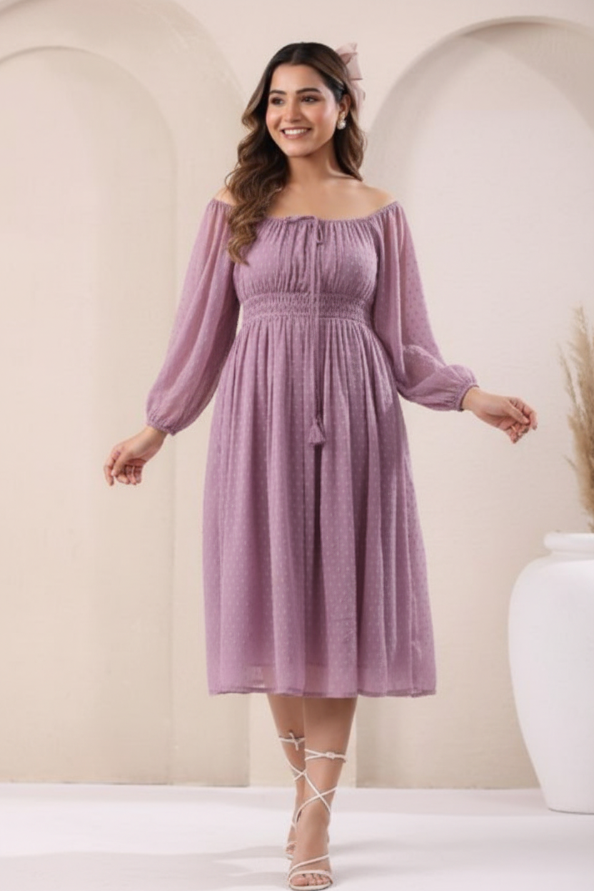 Lavender purple off-shoulder midi dress with puffed sleeves - front view