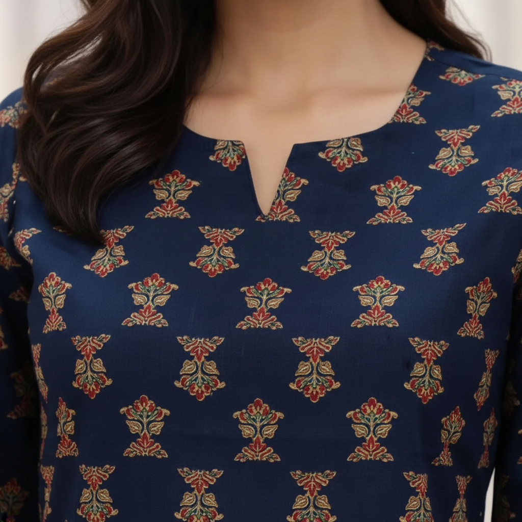 Close-up of navy top V-notch neckline and floral block print detail