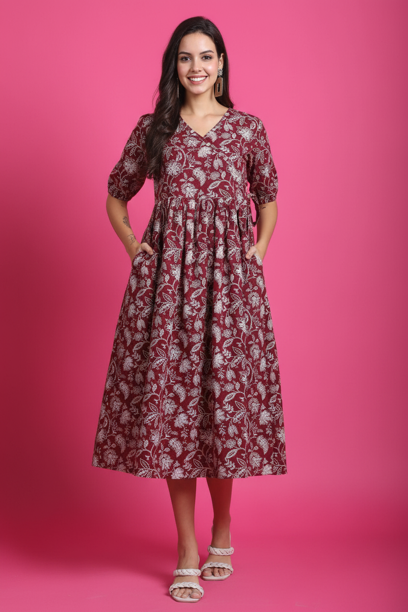 Maroon floral dress with hands in pockets showing pocket feature