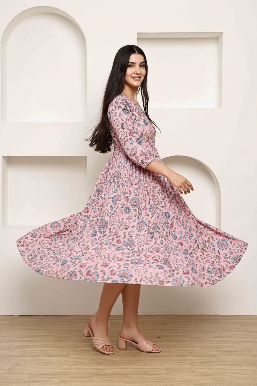 Pink floral midi dress showing flare and movement - flowing skirt with gathered waist