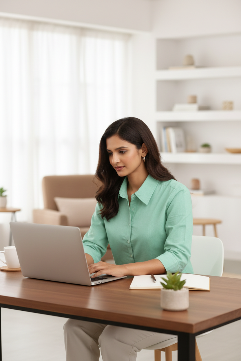 Mint green shirt - model working at laptop in office setting