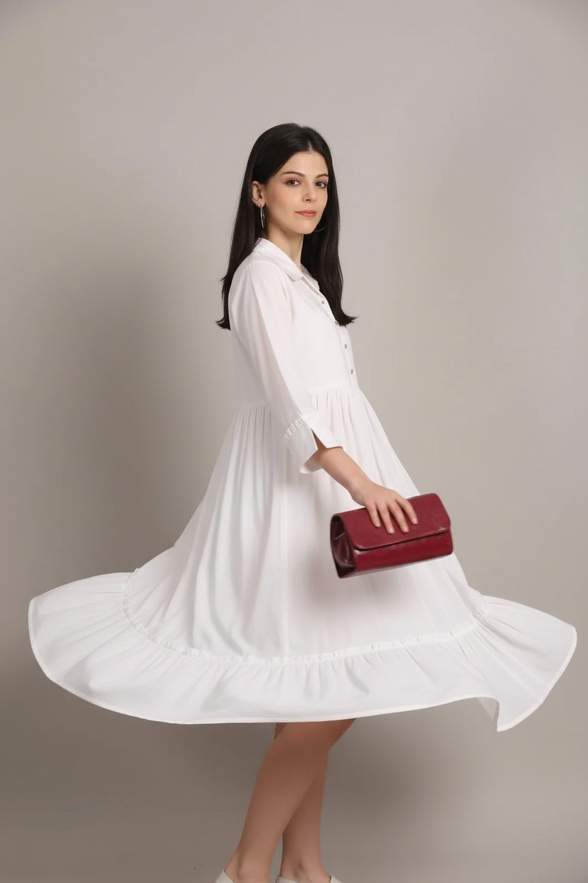 White tiered midi dress showing flare and movement - flowing tiered skirt