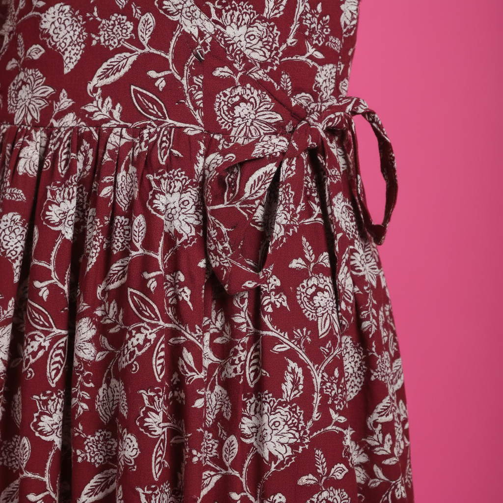 Maroon floral dress side tie detail close-up