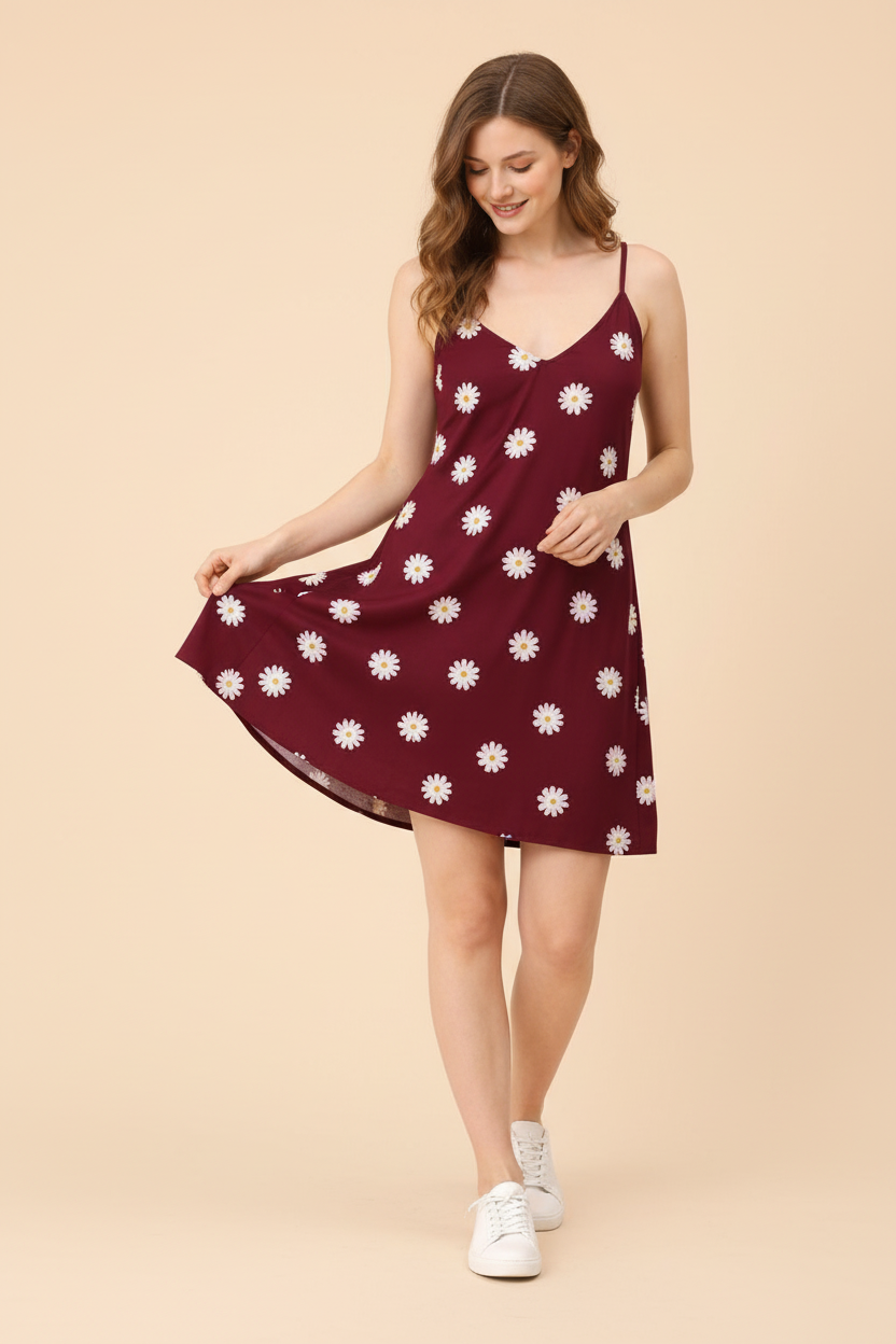 Model touching maroon daisy dress fabric - showing soft quality