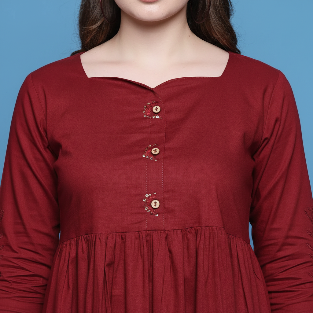 Close-up of maroon dress square neckline with decorative buttons