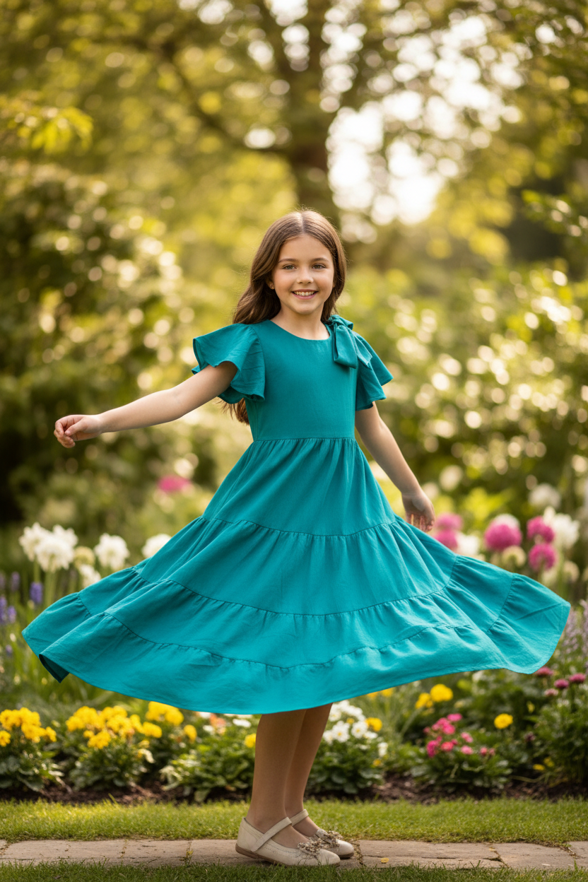 Teal tiered dress showing flare and movement - girl twirling in flowing skirt