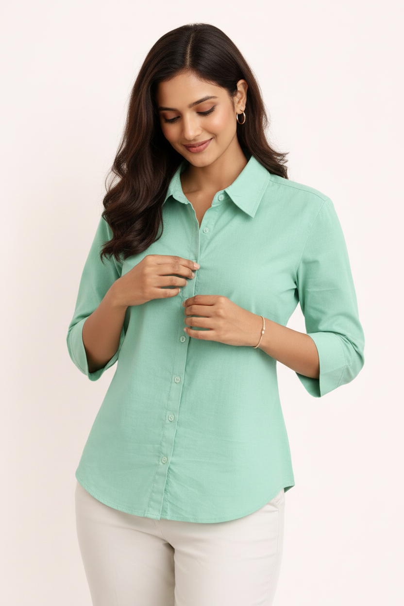 Model touching mint green shirt fabric - showing soft cotton quality
