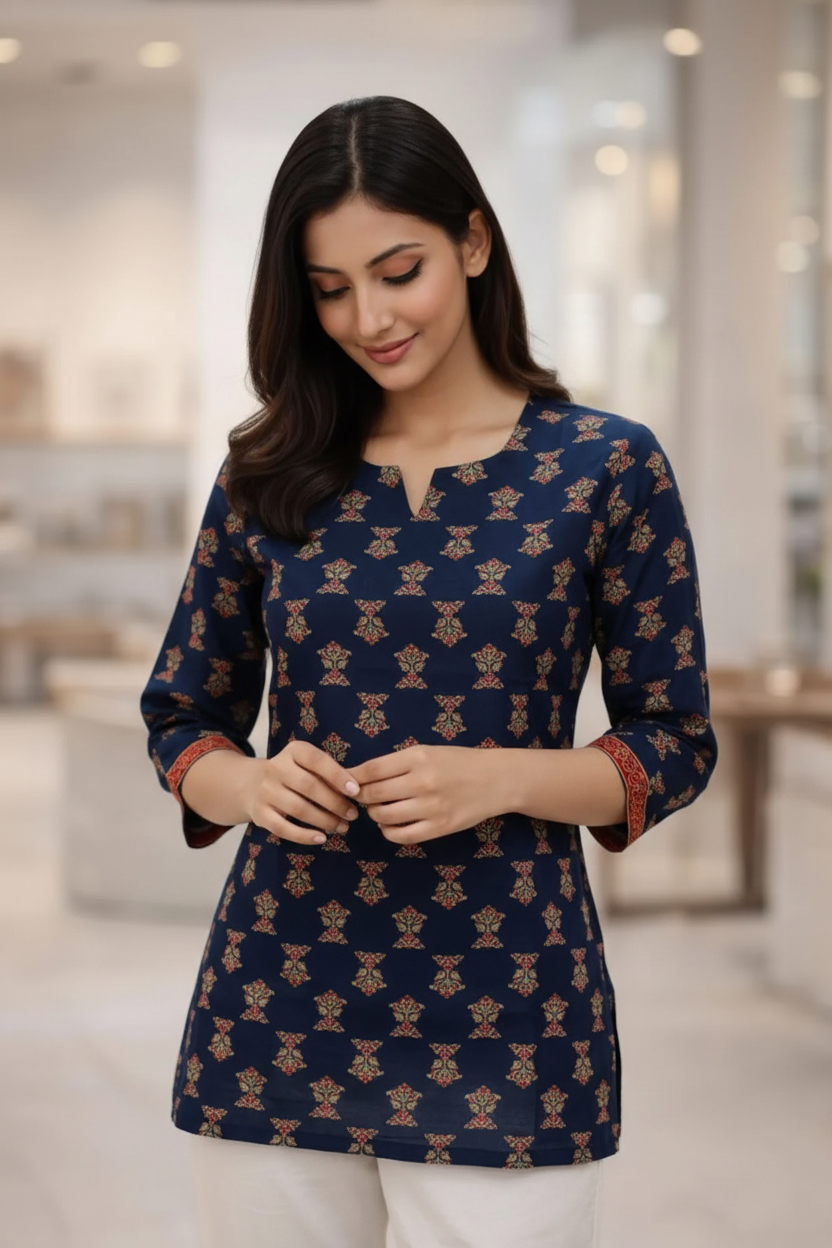 Model looking down touching navy top at hands - feeling soft cotton fabric