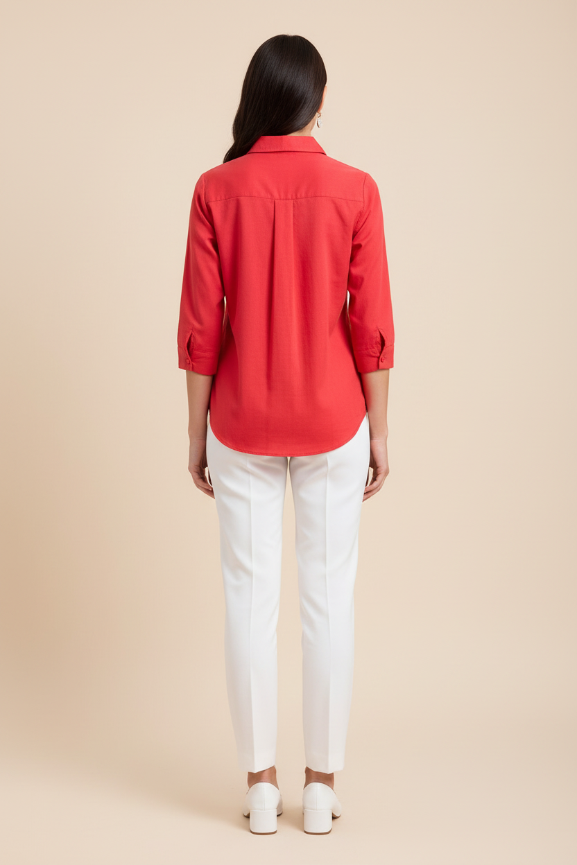 Coral red shirt back view with yoke and pleat detail