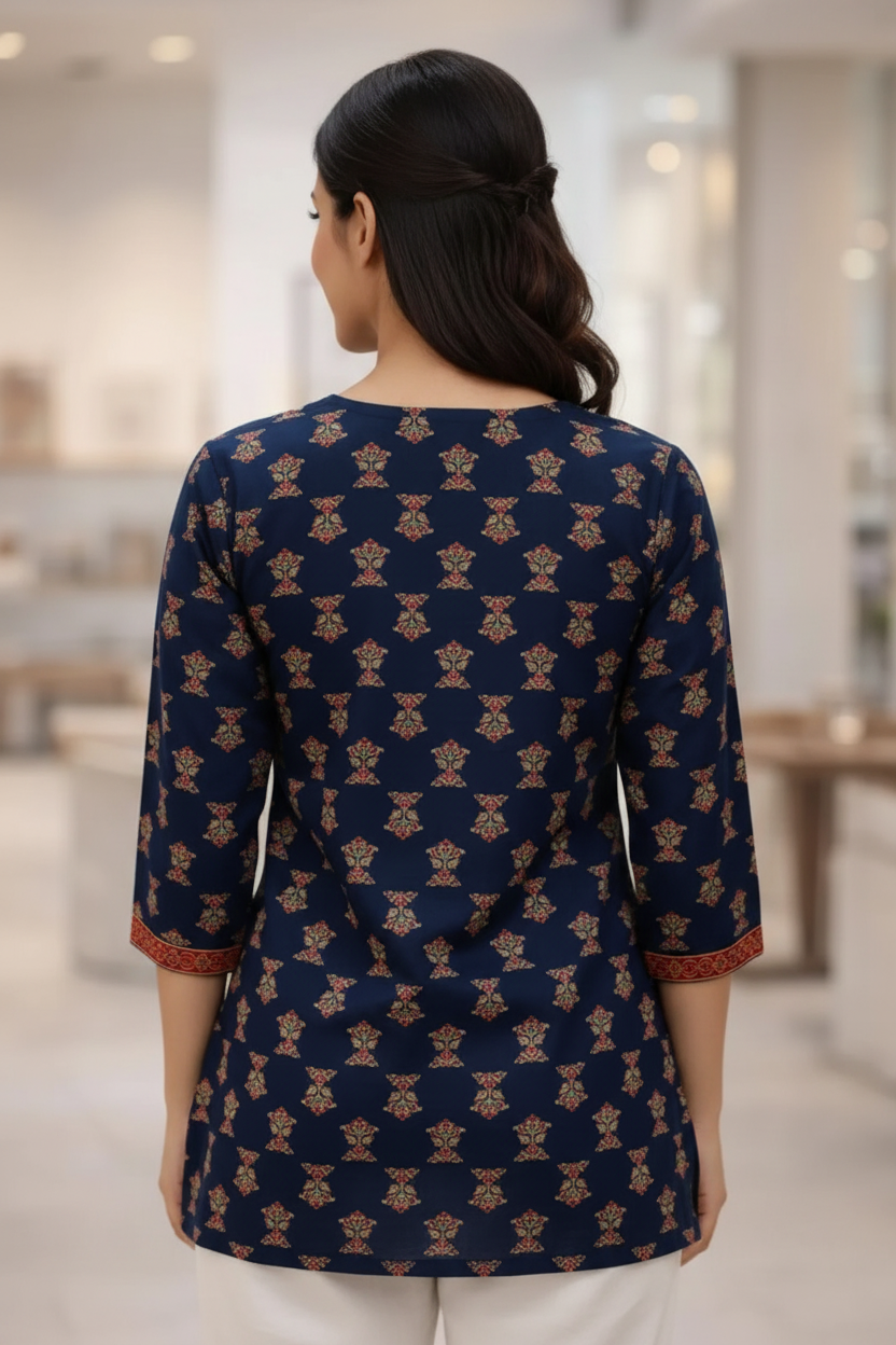 Navy blue printed top back view showing floral block print pattern