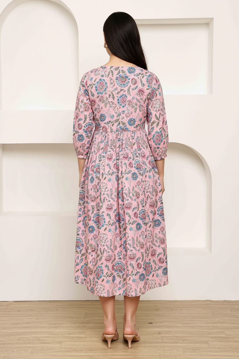 Pink floral midi dress back view showing gathered waist and flowing skirt