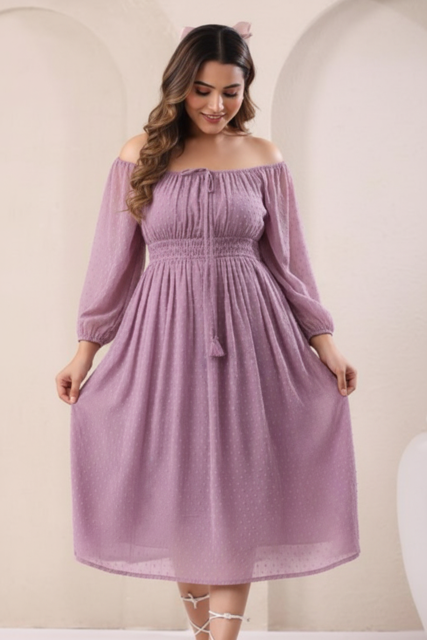 Model touching fabric of lavender dress - showing soft quality and texture