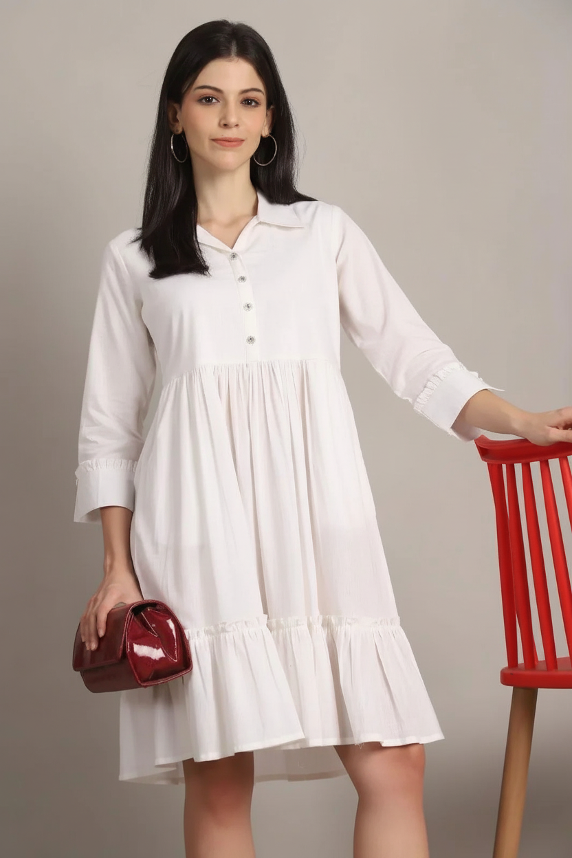 White tiered midi dress with collar and button-down front - women's dress front view