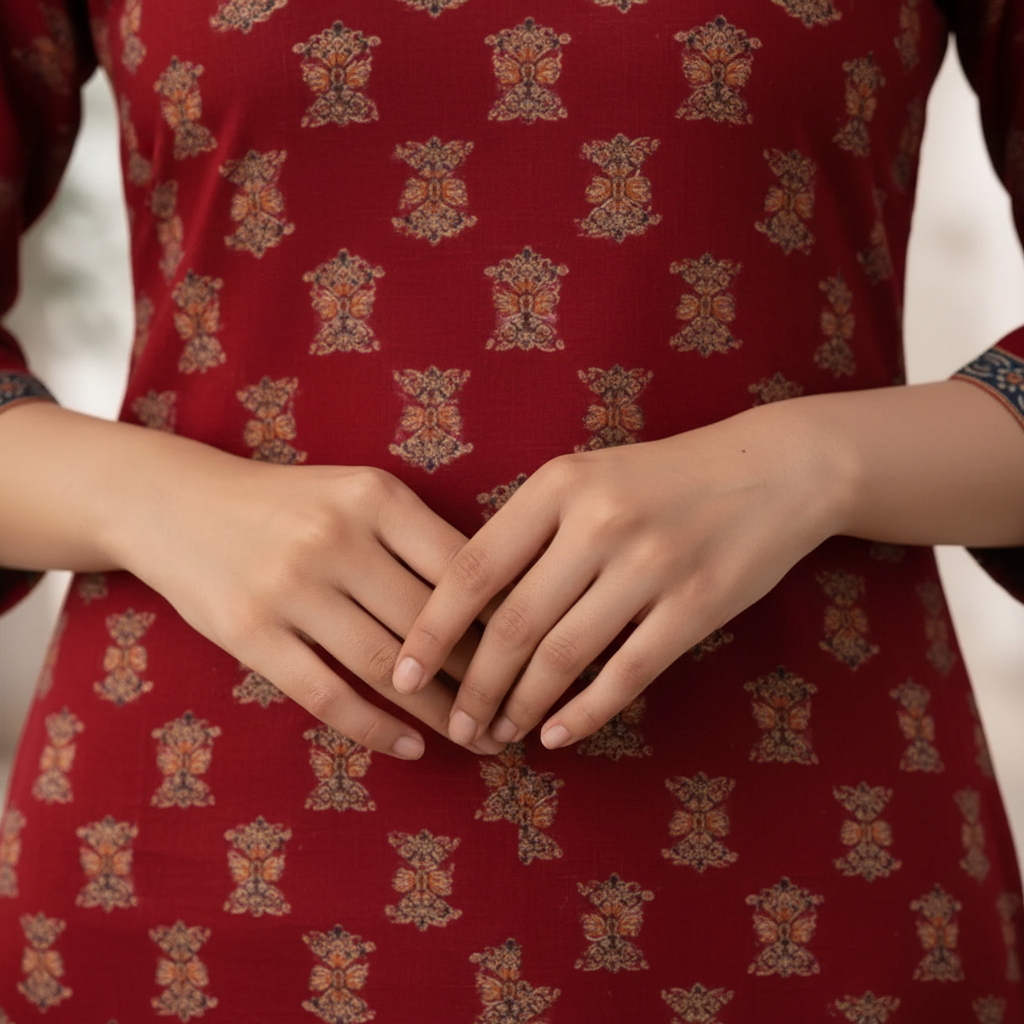 Close-up of hands showing gold block print design and decorative border trim