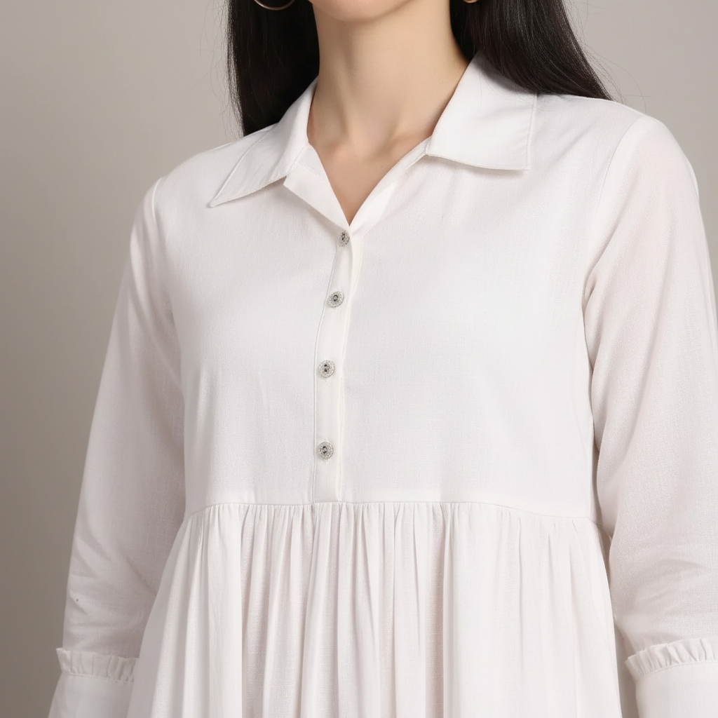 Close-up of white dress collar neckline and button-down front detail