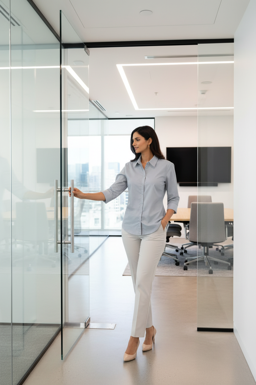 Light blue grey shirt - model opening meeting room door in office
