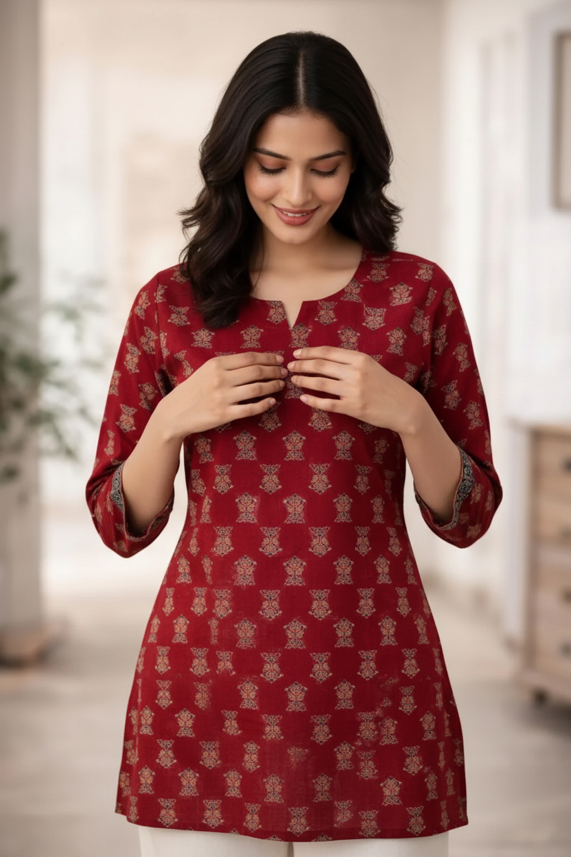 Model looking down touching maroon printed top - feeling soft cotton fabric quality