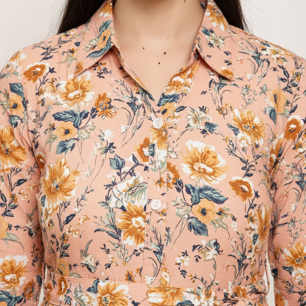 Close-up of pink floral dress keyhole neckline and gathered waist detail