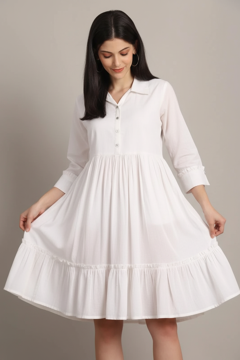 Model touching fabric of white tiered dress - showing soft cotton quality