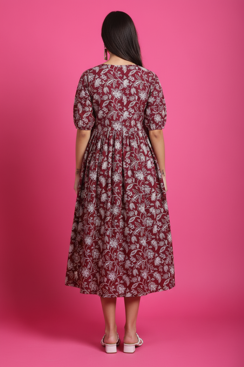 Maroon floral printed midi dress with side tie - back view