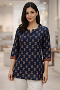 Navy blue short top with colorful floral block print - V-notch neckline front view