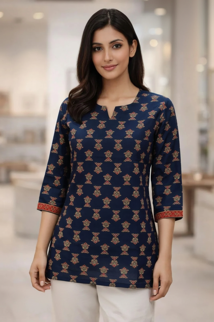 Navy blue short top with colorful floral block print - V-notch neckline front view