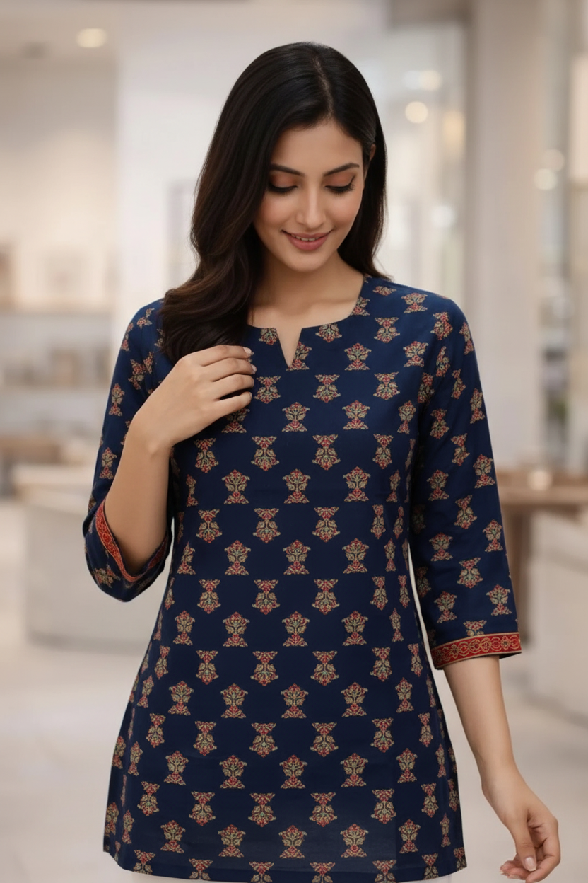 Model looking down feeling navy printed top - showing soft cotton quality