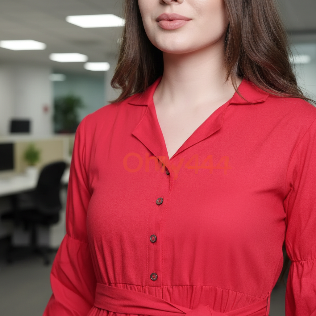 Close-up of red dress collar neckline and button-down front detail