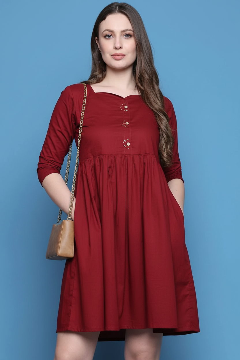 Maroon burgundy gathered midi dress with square neckline and side pockets - front view