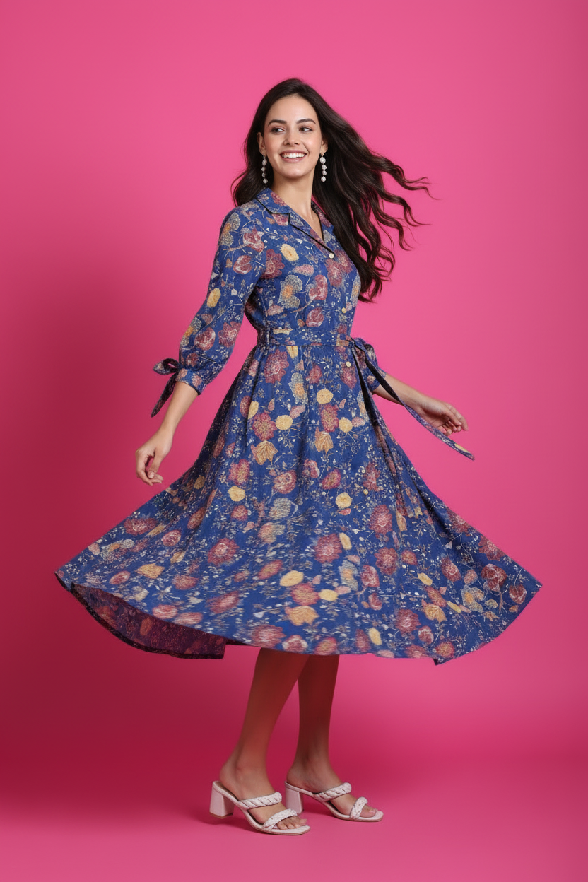 Blue floral midi dress showing flare and movement - flowing skirt with waist tie