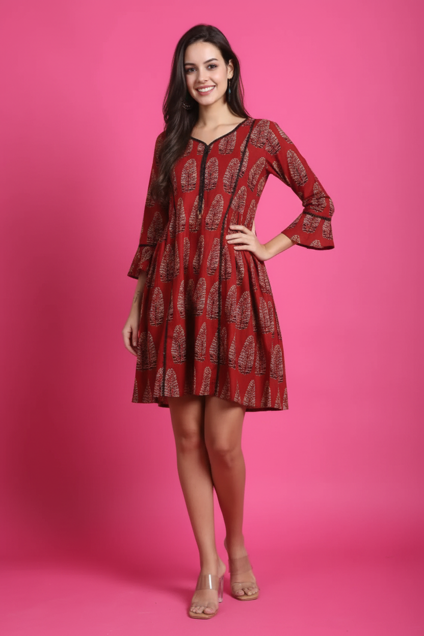 Red leaf printed short dress with V-neckline and gathered waist - women's dress front view