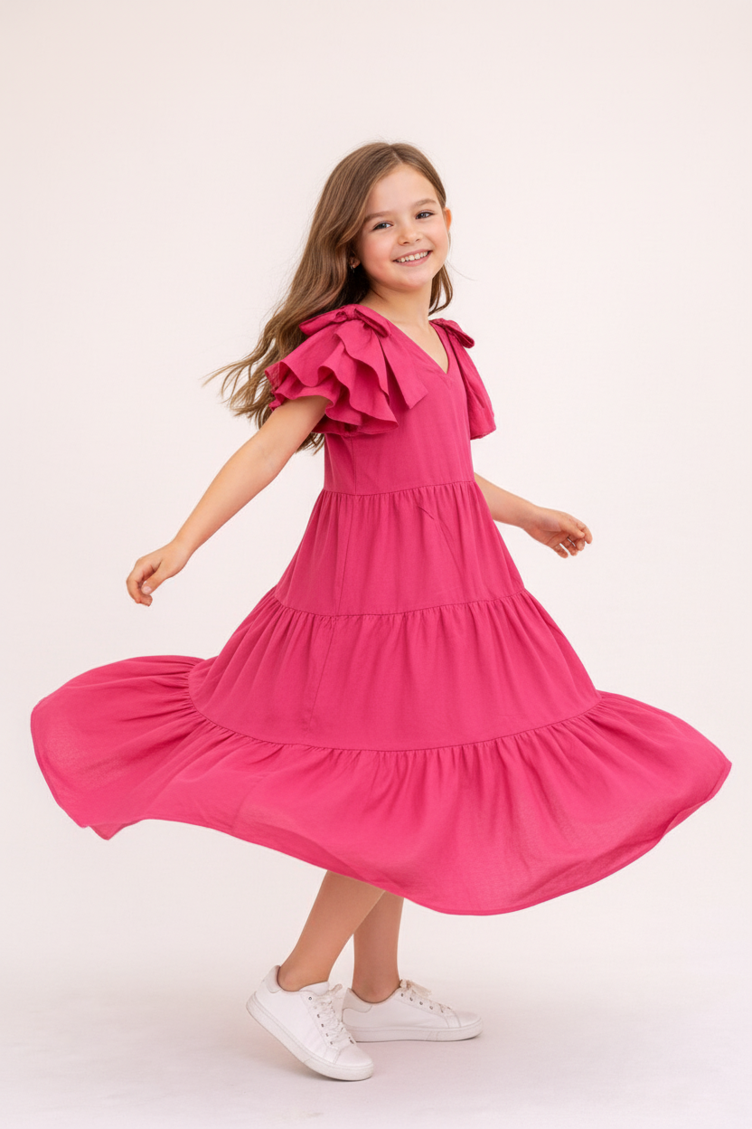 Pink tiered dress showing flare and movement - girl twirling in flowing skirt