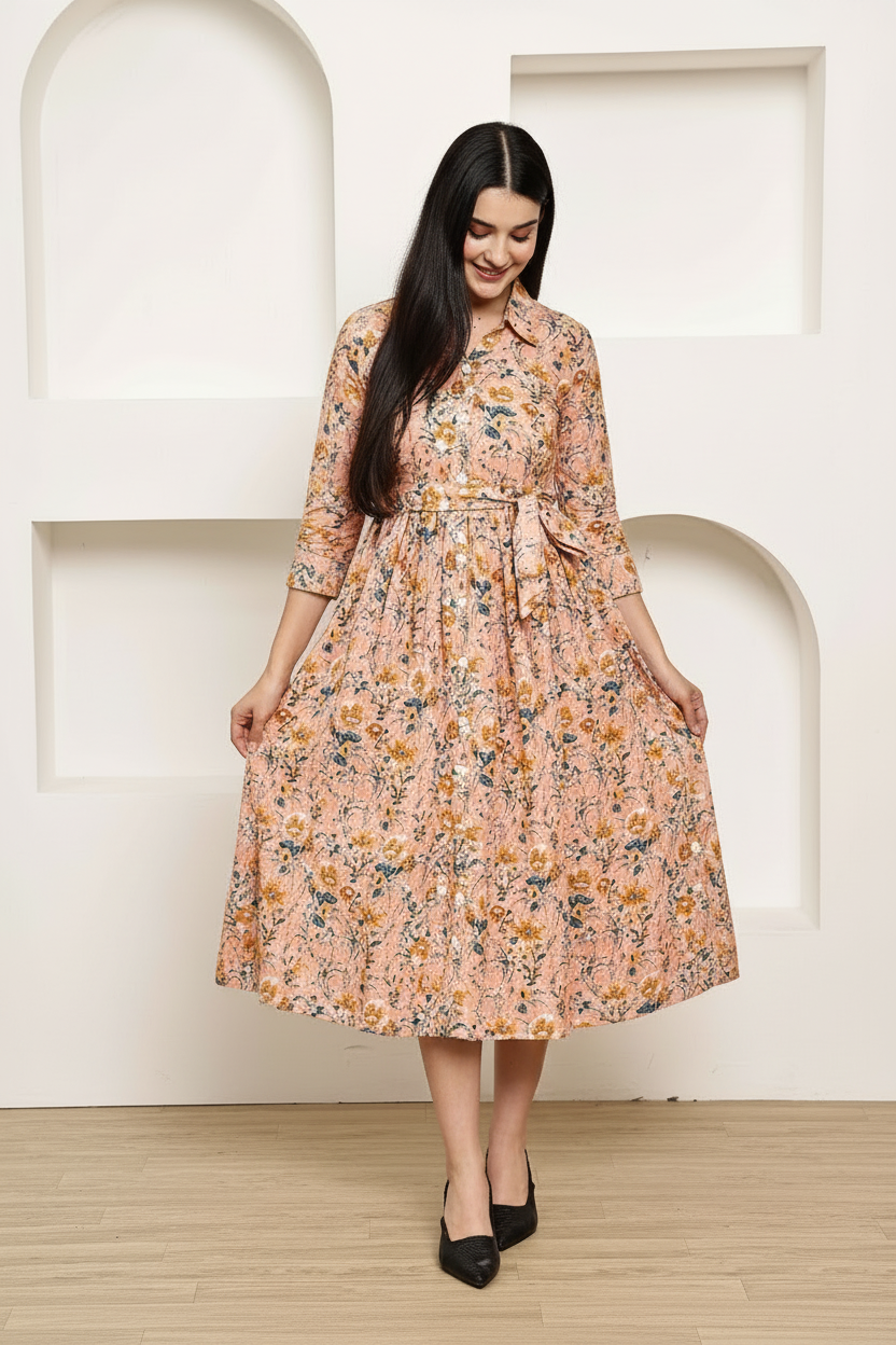 Model touching fabric of peach floral dress - showing soft cotton quality