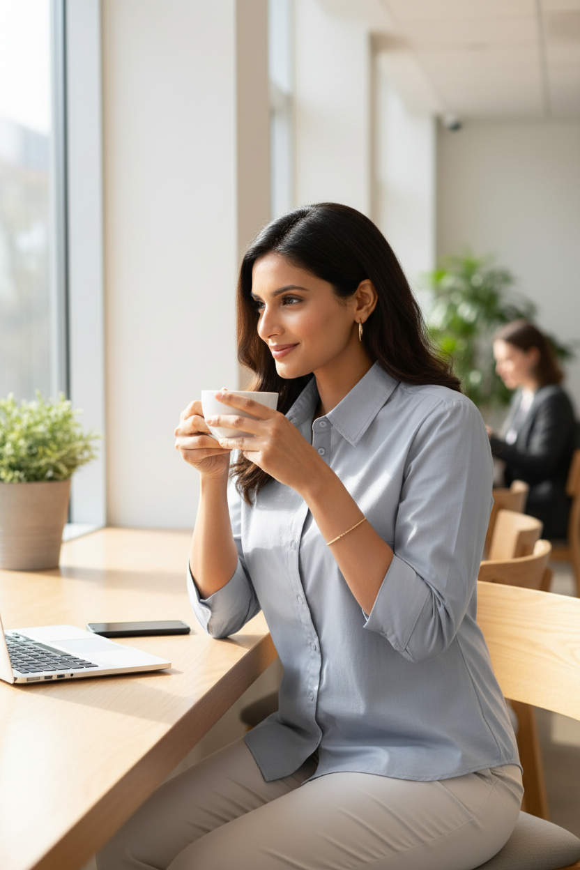 Light blue grey shirt - model having morning coffee at work