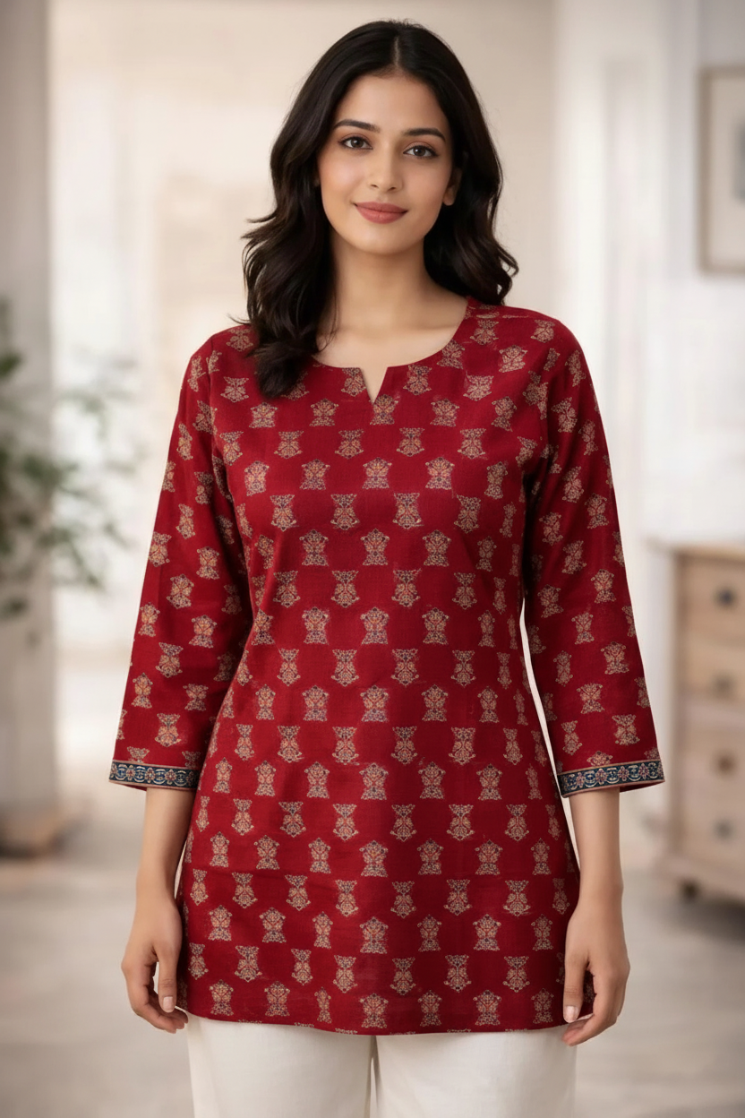 Maroon red short top with gold block print - V-notch neckline front view