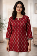 Maroon red short top with gold block print - V-notch neckline front view