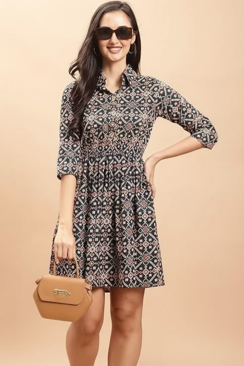Black white geometric printed dress with gathered waist - women's short dress front view