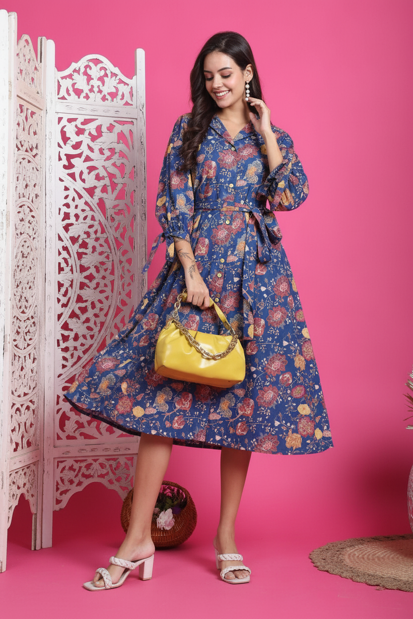 Blue floral dress lifestyle shot - model showing fabric movement and flow