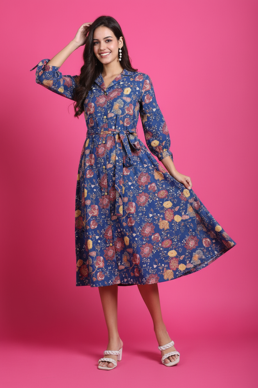 Blue floral dress lifestyle shot - model showing dress movement and flow