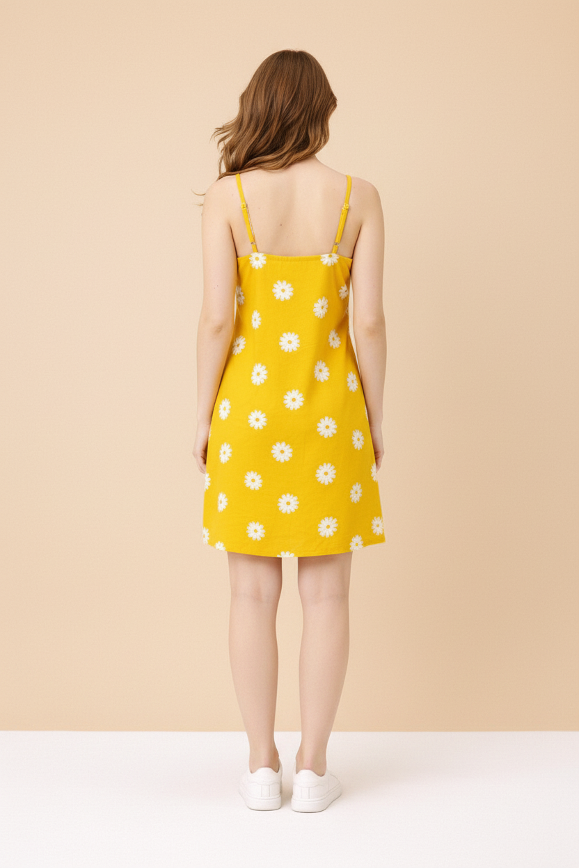 Yellow daisy print dress back view with white daisy flowers
