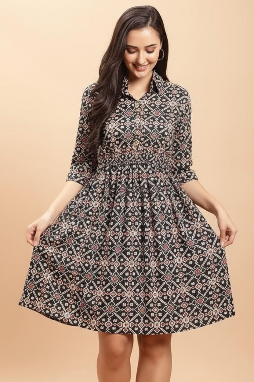 Model touching fabric of geometric print dress - showing soft cotton quality