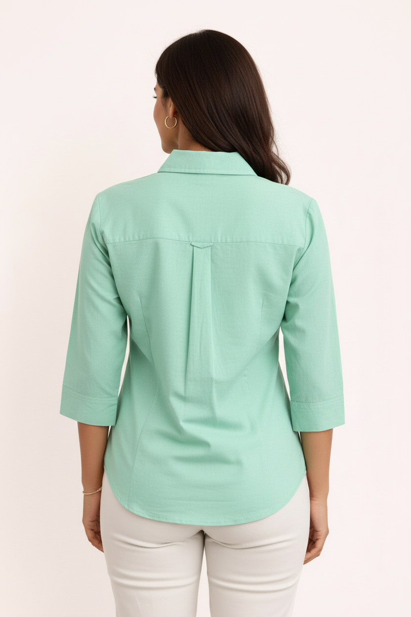 Mint green shirt back view showing button placket and 3/4 sleeves